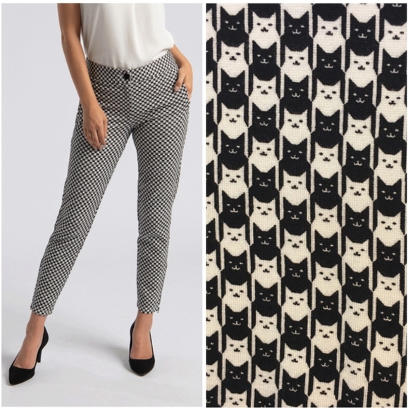 Betabrand Black and White Novelty Checkered Cat Print Ankle Zip Skinny Pants M - Picture 1 of 12